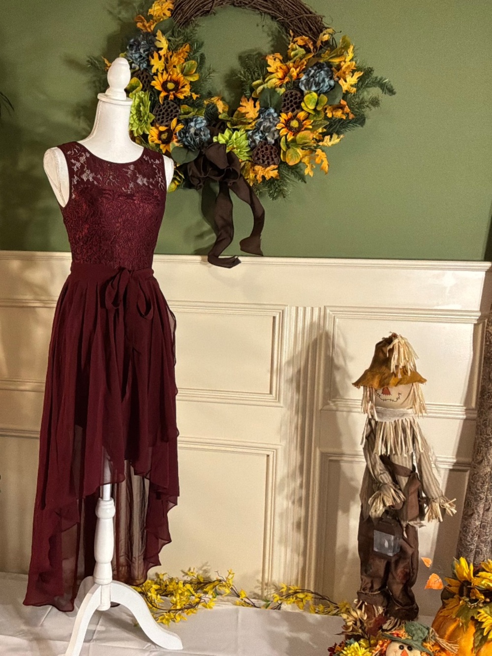 High low burgundy lace dress